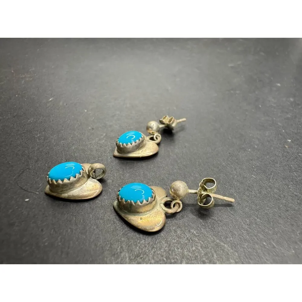 Vtg Sterling Silver 925 Heart Shaped Turquoise Dangle Earrings & Pendant Set
